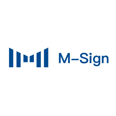 Logotipo azul M-Sign com símbolo M estilizado