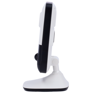 Câmara de segurança branca e preta numa base branca, vista de perfil