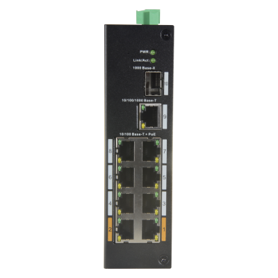 Switch de rede preto com várias portas Ethernet e indicadores LED