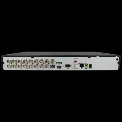 Vista traseira de dispositivo eletrónico com múltiplas portas de vídeo, áudio, USB, LAN e alimentação
