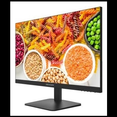 Monitor de computador com ecrã plano e base preta a mostrar legumes e massa colorida
