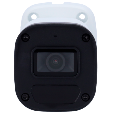 Câmara de segurança branca com frente preta e lente central