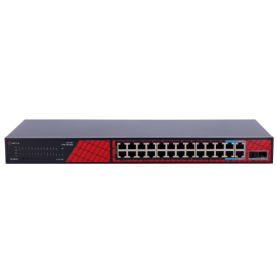 Comutador de rede preto com 24 portas Ethernet e 2 portas SFP, com detalhes em vermelho.