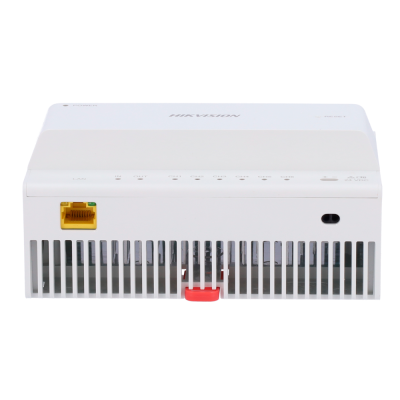 Dispositivo branco de rede com porta Ethernet amarela e ventilação