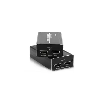 Dois dispositivos eletrónicos pretos com portas HDMI e etiquetas de status