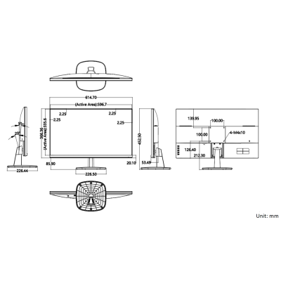 Desenho técnico de monitor com medidas e várias vistas