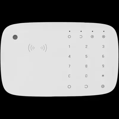 Painel de controlo branco com teclado numérico e símbolos