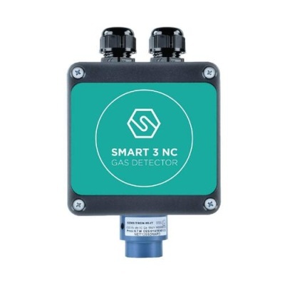 Detetor de gás SMART 3 NC preto e verde com componente azul e duas entradas no topo