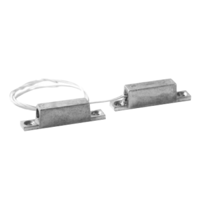 Sensor magnético metálico cinzento com fio branco, usado em portas ou janelas