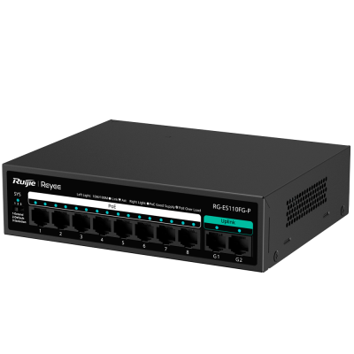 Comutador de rede preto Ruijie Reyee com oito portas Ethernet e duas portas Uplink