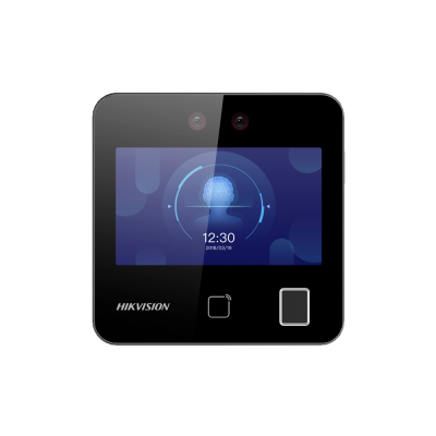 Dispositivo preto Hikvision com ecrã digital e ícones de impressão digital e relógio.