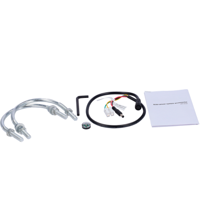 Acessórios para sistema de energia solar com grampos metálicos, chave allen, cabo e manual.