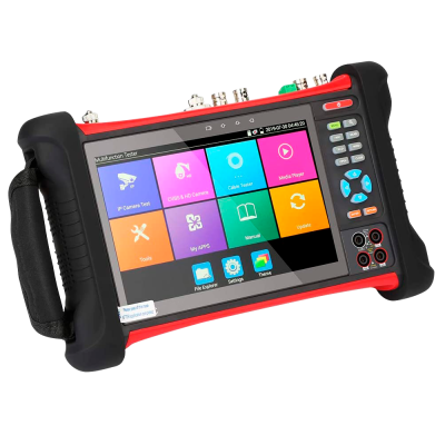 Dispositivo de teste multifunções com ecrã tátil colorido, botões e entradas várias.