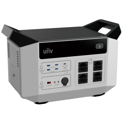 Gerador portátil elétrico UNV em cinza e preto com múltiplas tomadas e portas USB