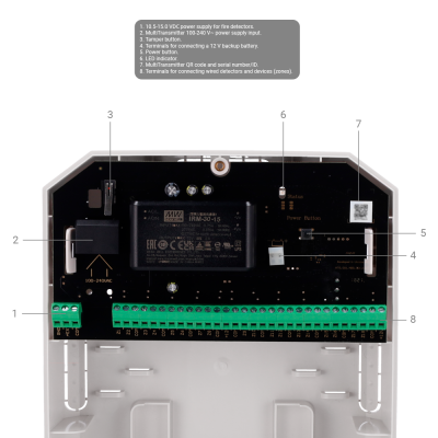 Dispositivo eletrónico aberto com fonte de alimentação, conectores verdes e botões visíveis