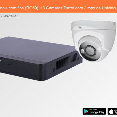 Sistema de videovigilância com gravador preto e câmara Turret branca em fundo cinza