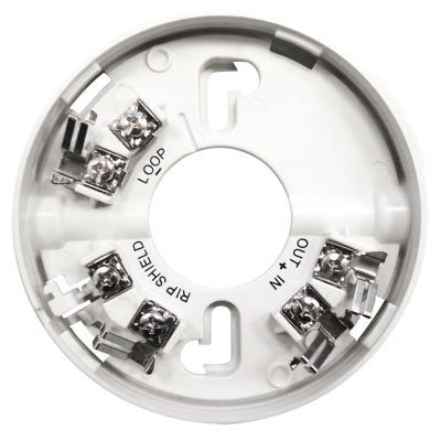 Base redonda branca para detector de fumo com terminais metálicos e marcações