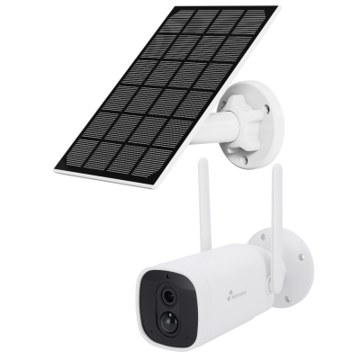 Câmara de segurança branca com antenas e painel solar preto em suporte branco