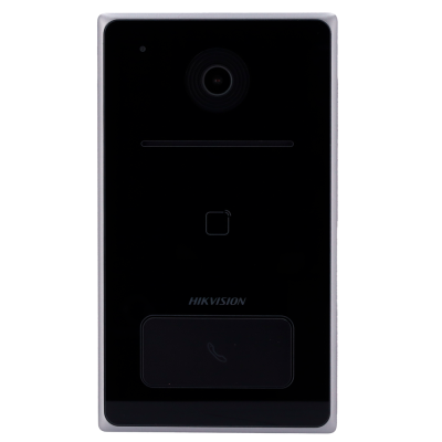 Intercomunicador vídeo Hikvision preto com moldura prateada e botão de chamada