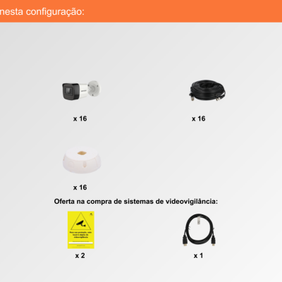 Componentes incluídos em sistema de videovigilância com câmeras, cabos, suportes, sinais de alerta e rato
