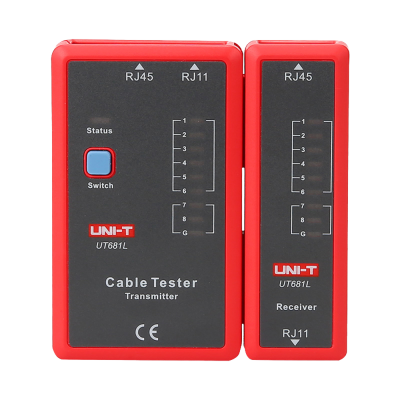 Testador de cabos eletrónico vermelho e preto UNI-T UT681L com portas RJ45 e RJ11