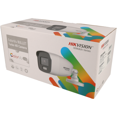 Caixa branca com imagem e texto da câmara de vigilância Hikvision ColorVu BULLET