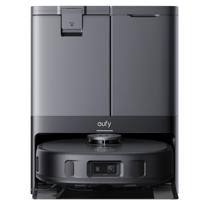 Aspirador robô eufy preto com estação de carregamento e esvaziamento automática cinza escuro.