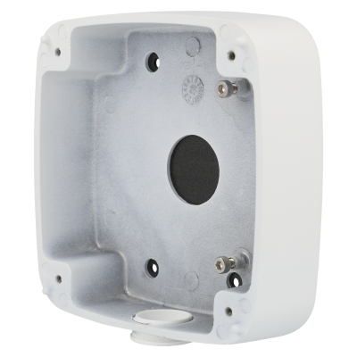 Suporte de montagem retangular branco com interior metálico e abertura circular central