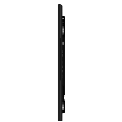 Perfil lateral muito fino de televisor ou monitor preto com portas e ventoinhas