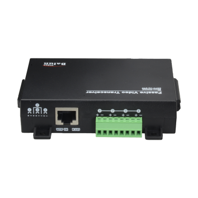 Transmissor de vídeo passivo com conectores RJ45 e de terminal verde.