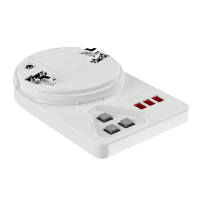 Dispositivo eletrônico branco com display digital e botões cinza