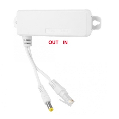 Dispositivo branco com conectores RJ45 e DC e texto OUT IN