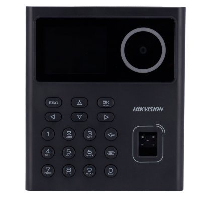 Leitor biométrico Hikvision preto com ecrã, teclado numérico e sensor biométrico