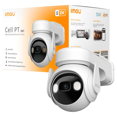 Câmara de segurança IMOU Cell PT em branco com caixa na cor laranja e branca