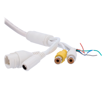 Cabo de conexões branco com plugues RCA e fios expostos