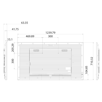 Desenho técnico em preto e branco de televisor com dimensões e medidas em milímetros