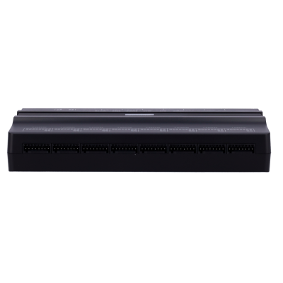 Dispositivo eletrónico preto com portas de ligação e texto funcional