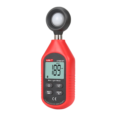Fotómetro digital miniatura vermelho e preto com visor LCD e botões