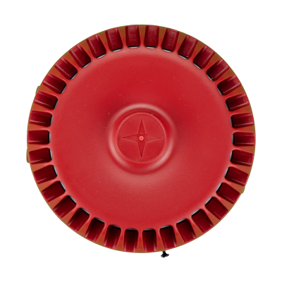Dispositivo redondo vermelho com ranhuras e estrela no centro