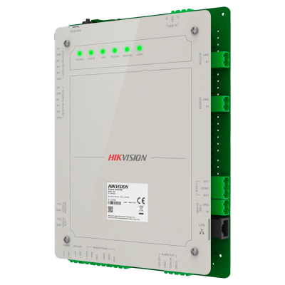 Controlador de acesso Hikvision cinza com LEDs verdes e portas de conexão