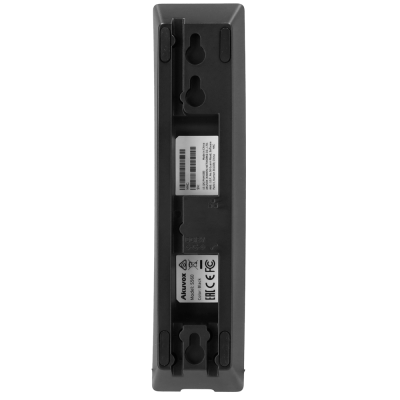 Parte traseira de dispositivo eletrónico preto com etiquetas e códigos de barras