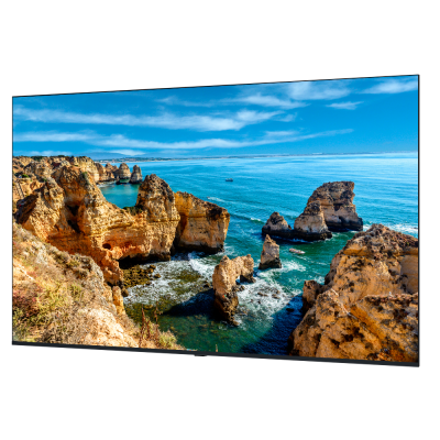 Televisor plano com moldura preta e imagem de formações rochosas no mar