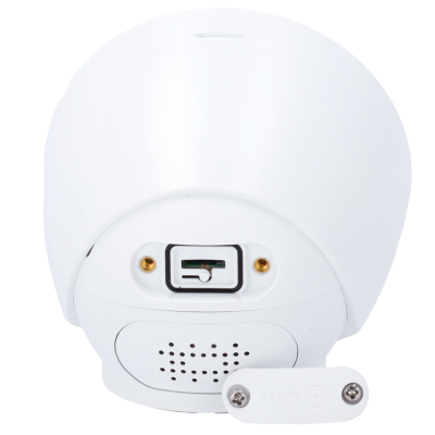 Parte traseira de câmara de segurança branca com entrada para cartão e tampa com inscrição RESET