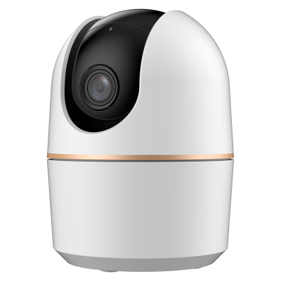 Câmara de segurança doméstica branca com lente preta em fundo branco