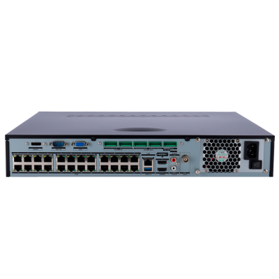 Aparelho eletrónico com múltiplas portas de rede e conexões na parte traseira