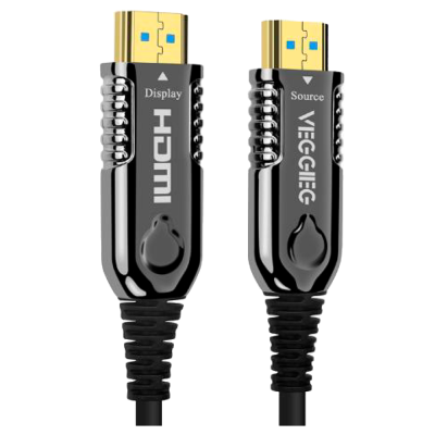 Cabo HDMI preto com conectores dourados e texto 'Display HDMI' e 'Source VEGGIEC'