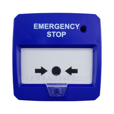 Botão de emergência azul com texto e setas preto e branco