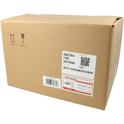 Caixa de cartão castanha com etiquetas e símbolos de manuseio