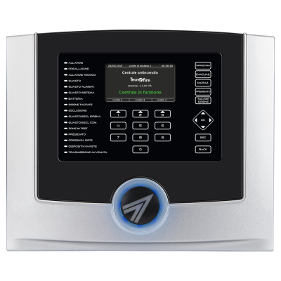 Painel eletrônico de alarme de incêndio Tecnofire com ecrã digital e botões