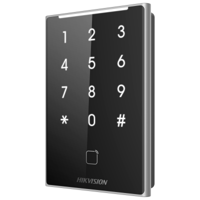Teclado numérico digital preto com bordas cinza prateadas e texto HIKVISION
